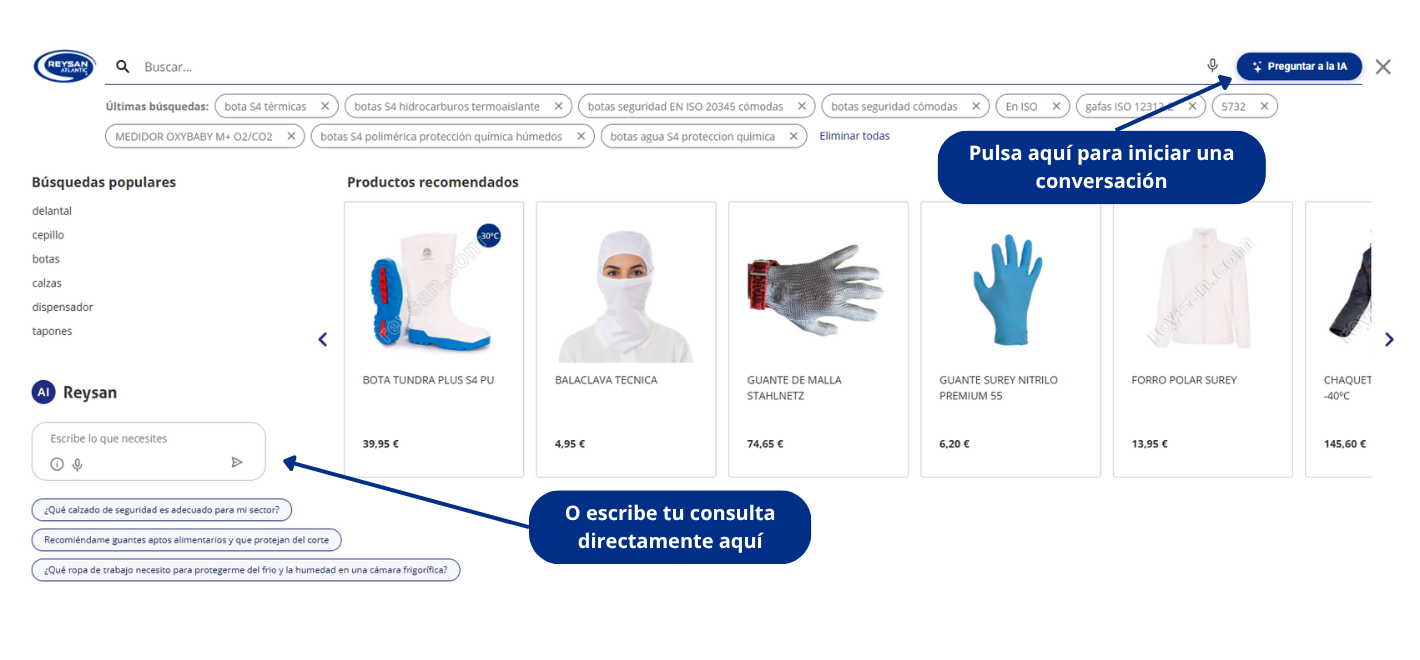Nuestro asistente de IA para encontrar EPIS, calzado de seguridad, ropa laboral, vestuario desechable, en cuestión de segundos.